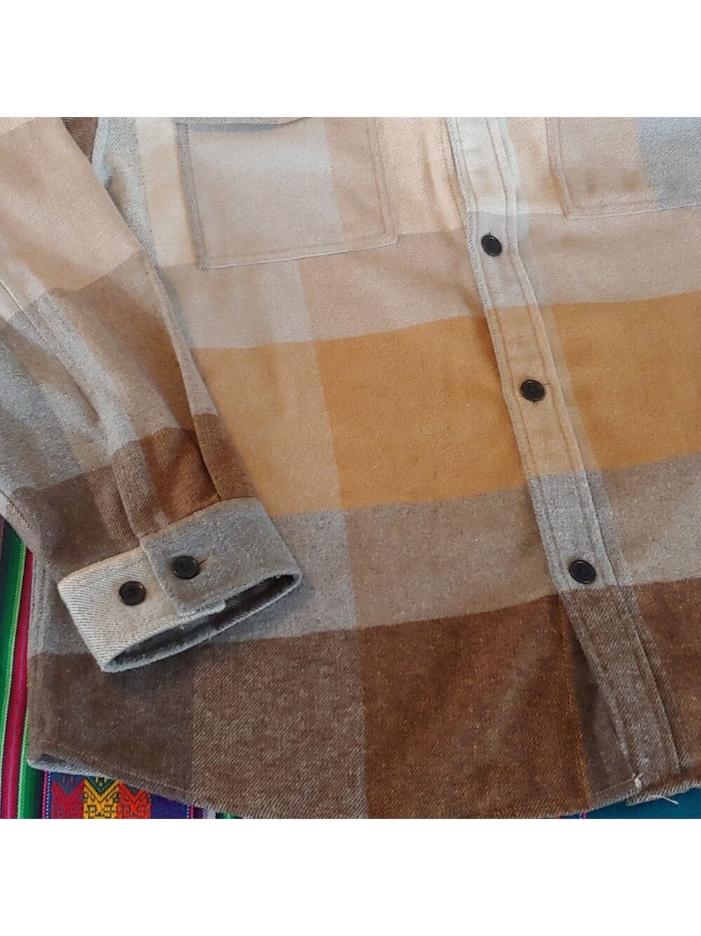 Men's Plaid Polyester Blend Button Shirt Brown, Tan, XL - Picture 13 of 15